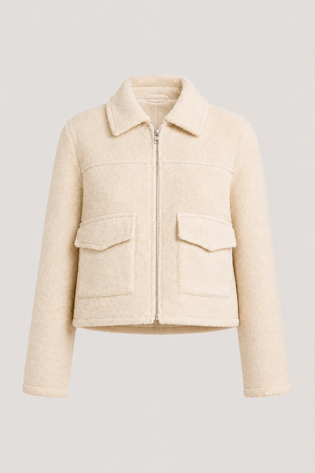 Beige cropped jacket with stand collar, zip front, and two flap chest pockets
