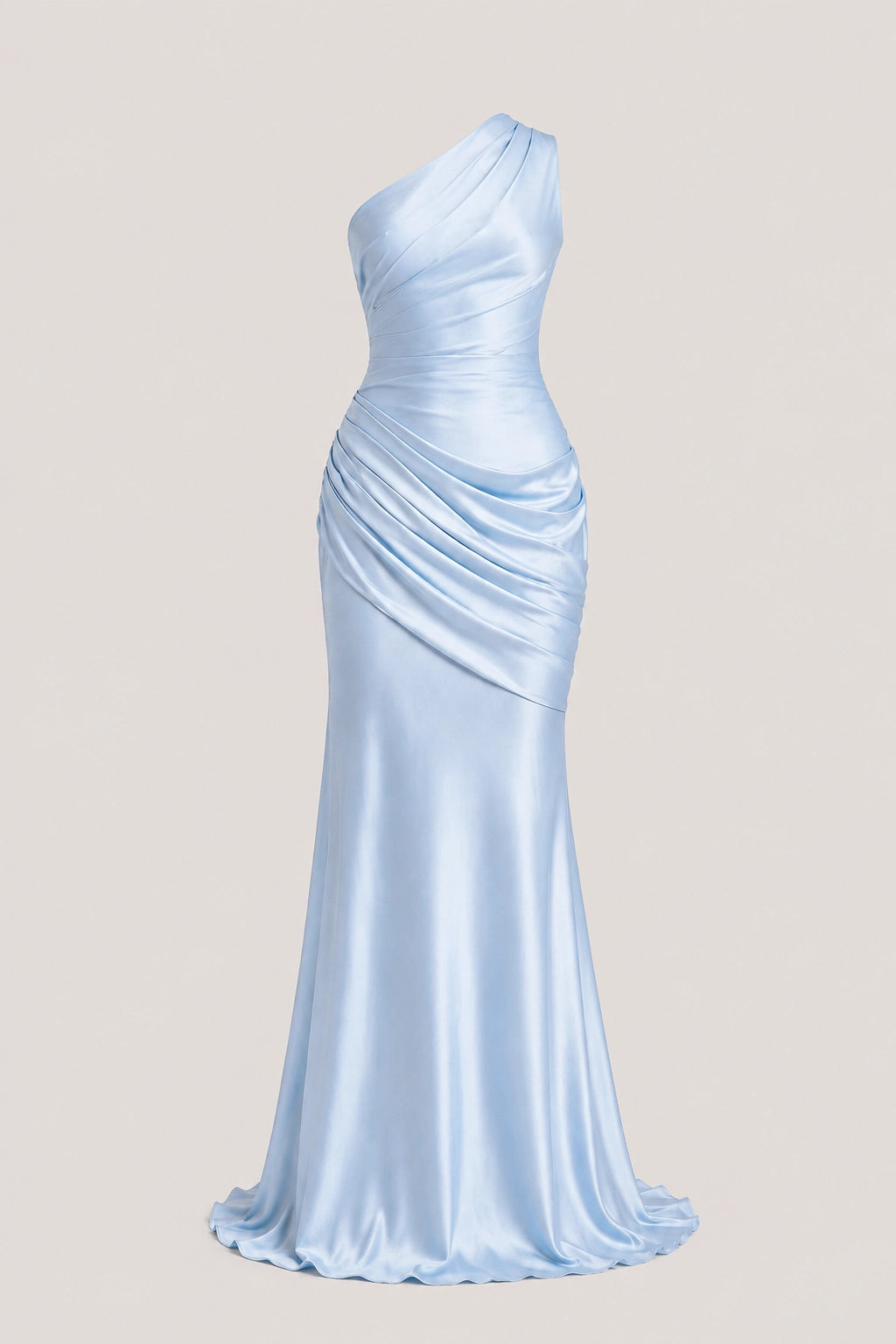 Light blue one-shoulder satin evening gown with ruched bodice and draped waist
