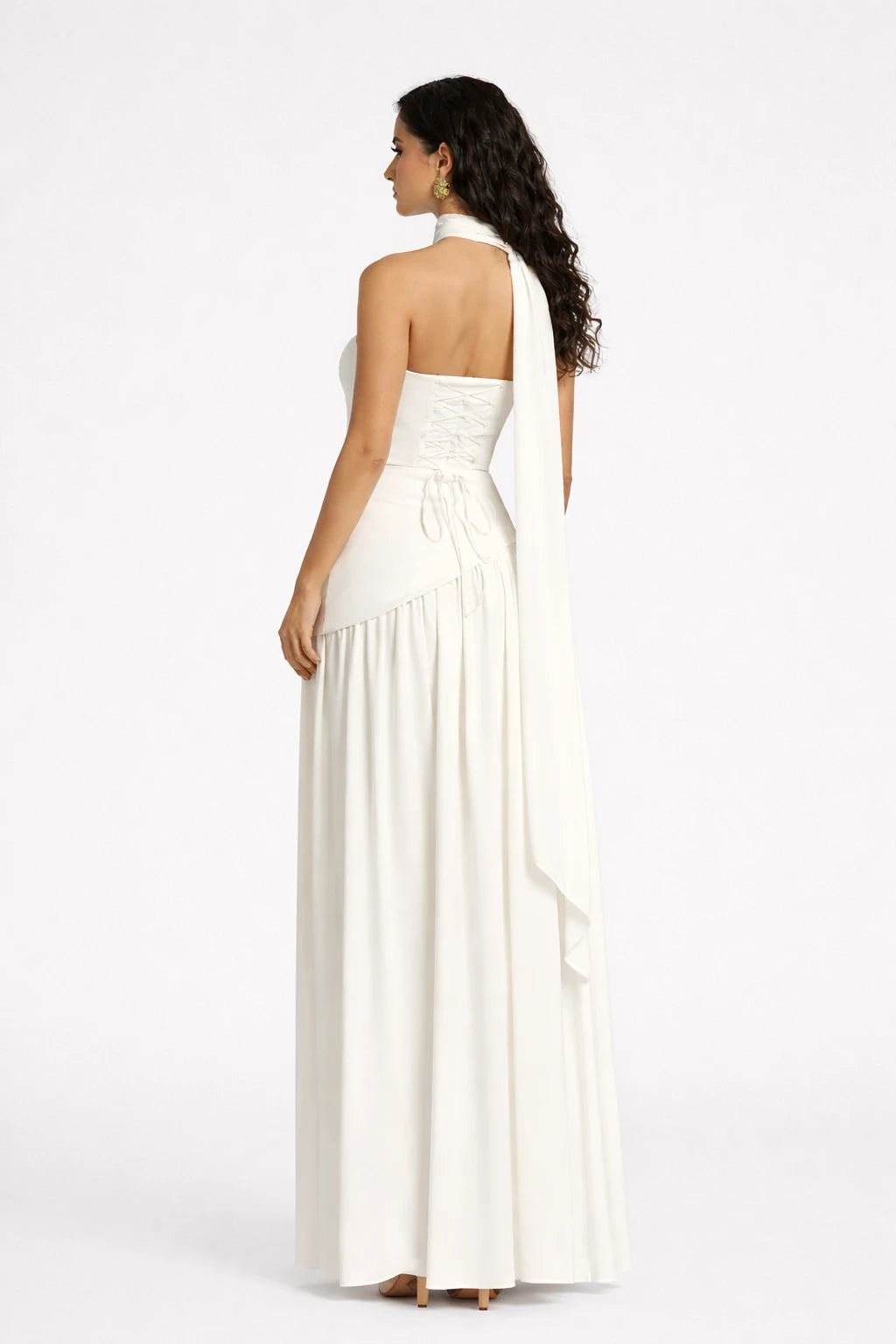 Elara Dress white strapless draped maxi evening gown full back view with flowing skirt Vayana Clothing