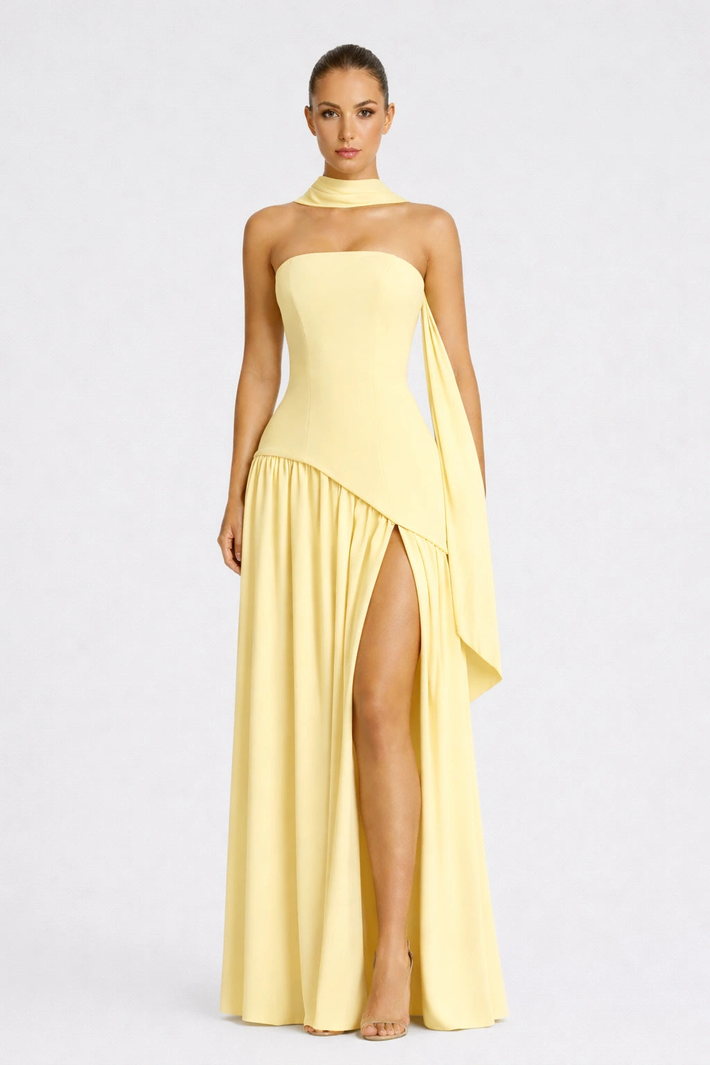 Elara Dress yellow strapless draped maxi evening gown front view Vayana Clothing