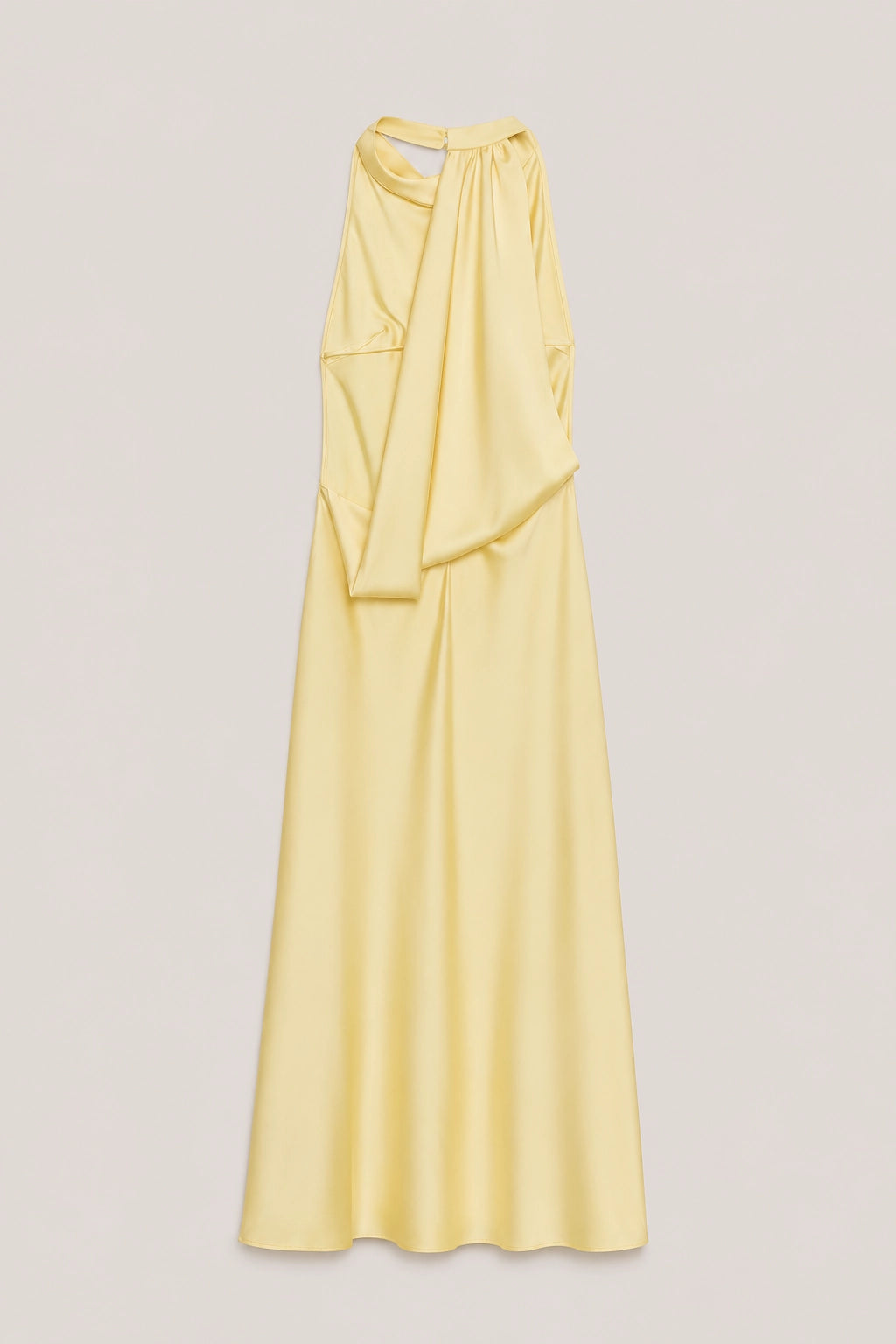 Yellow maxi dress with gathered top and draped crossover back detail