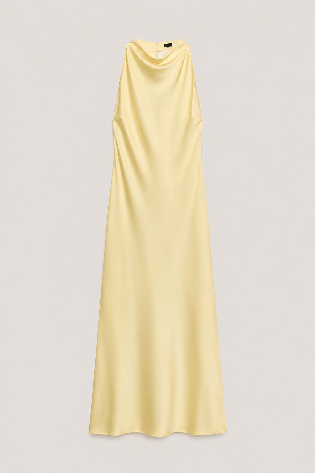 Yellow sleeveless maxi dress with draped cowl neckline, column silhouette