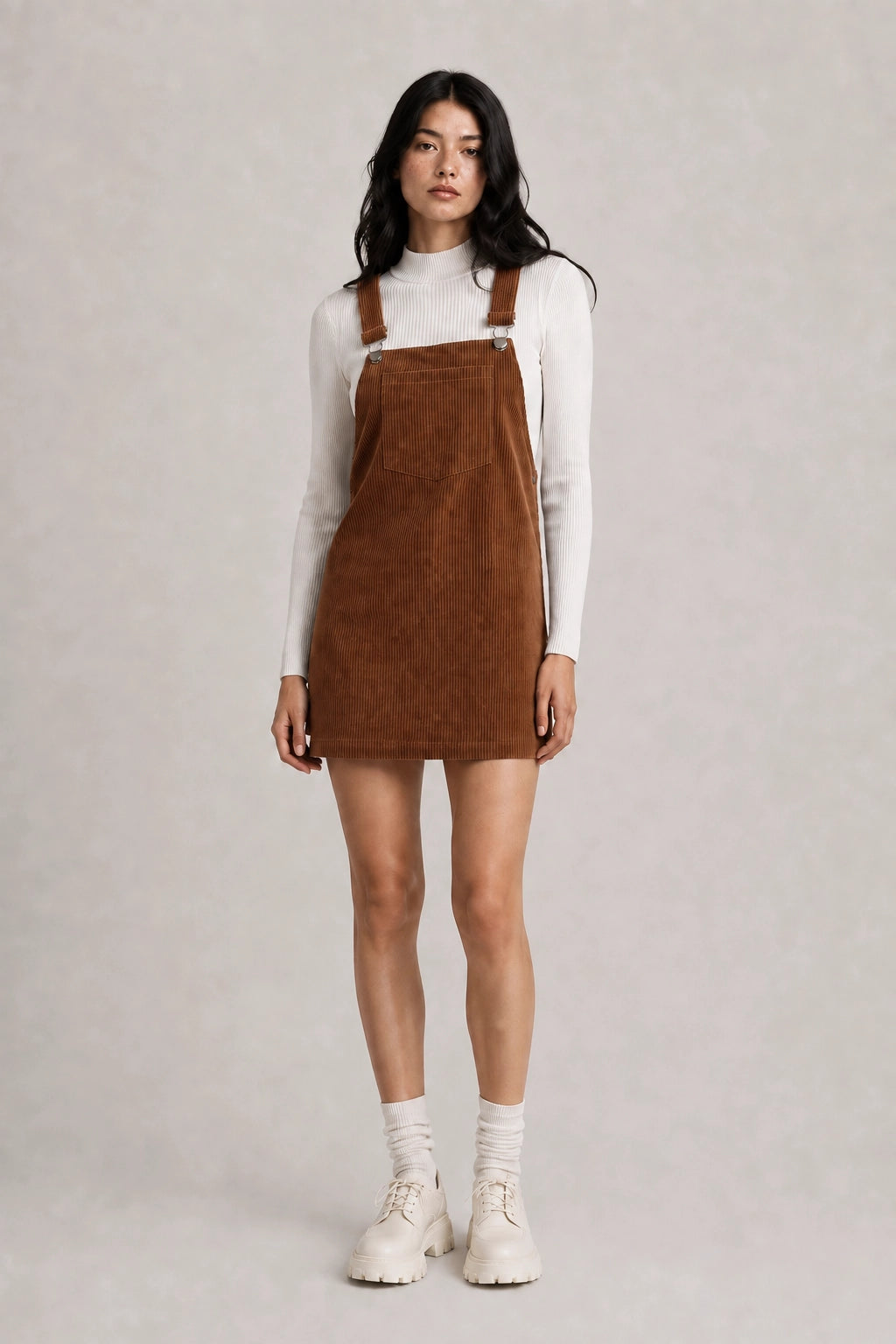 Brown corduroy pinafore dress with square neckline and adjustable straps