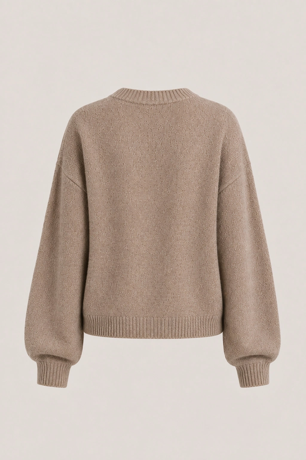 Beige crewneck knit sweater back view with ribbed neckline, hem, and cuffs