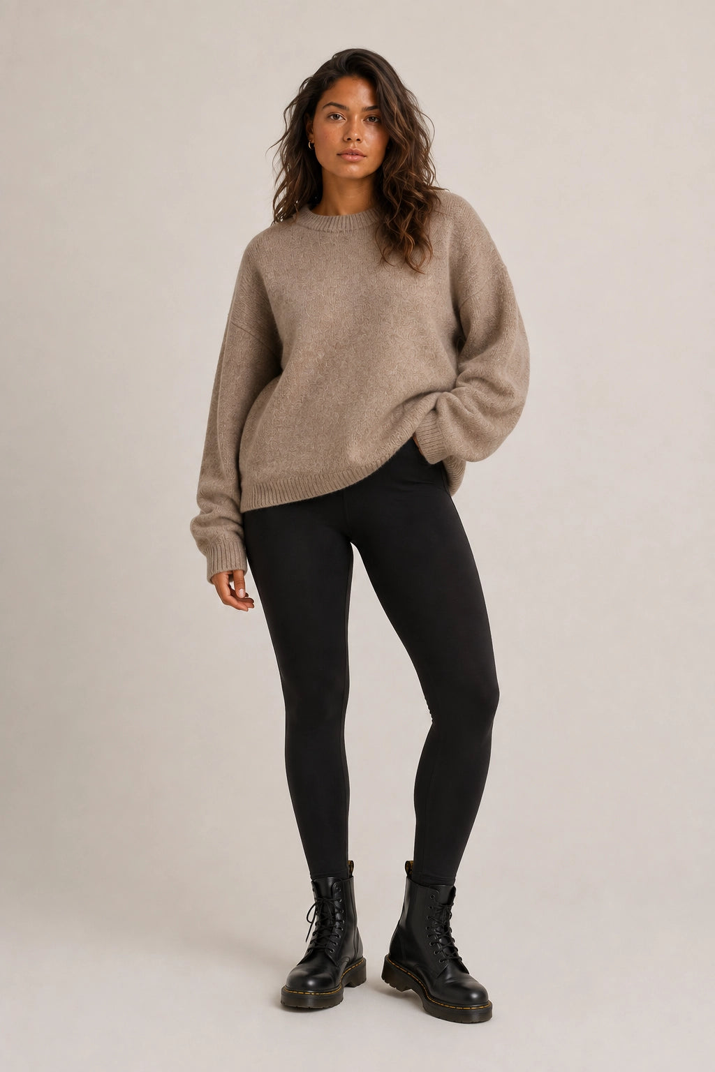 Beige crewneck knit sweater with ribbed hem and cuffs, long sleeves, relaxed fit