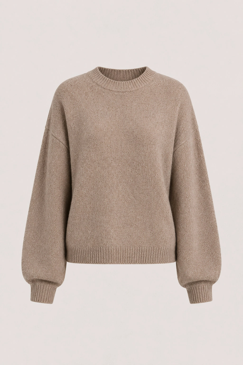 Beige crewneck knit sweater with ribbed neckline, hem, and cuffs, long sleeves
