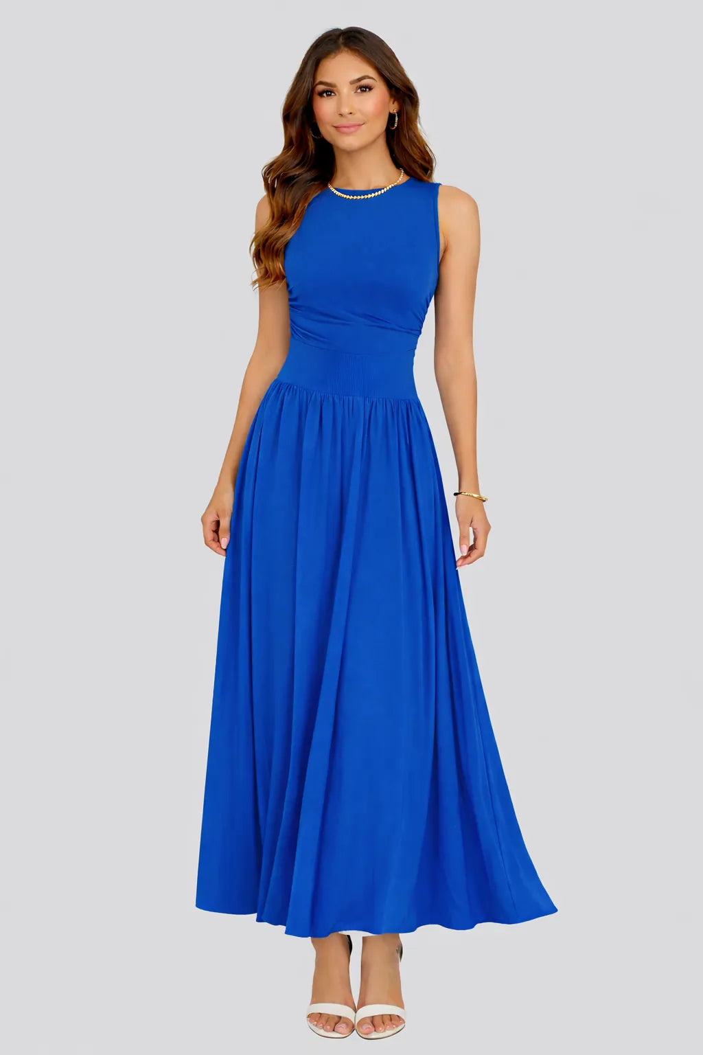 velouria-dress-blue-sleeveless-crew-neck-fitted-waist-flared-maxi-front-view-vayana-clothing