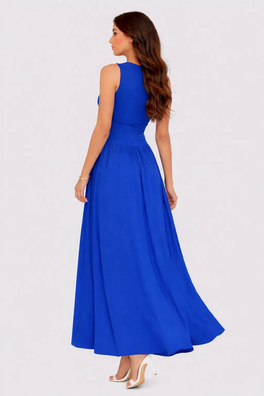 Velouria Dress blue sleeveless crew neck fitted waist flared maxi dress back view Vayana Clothing