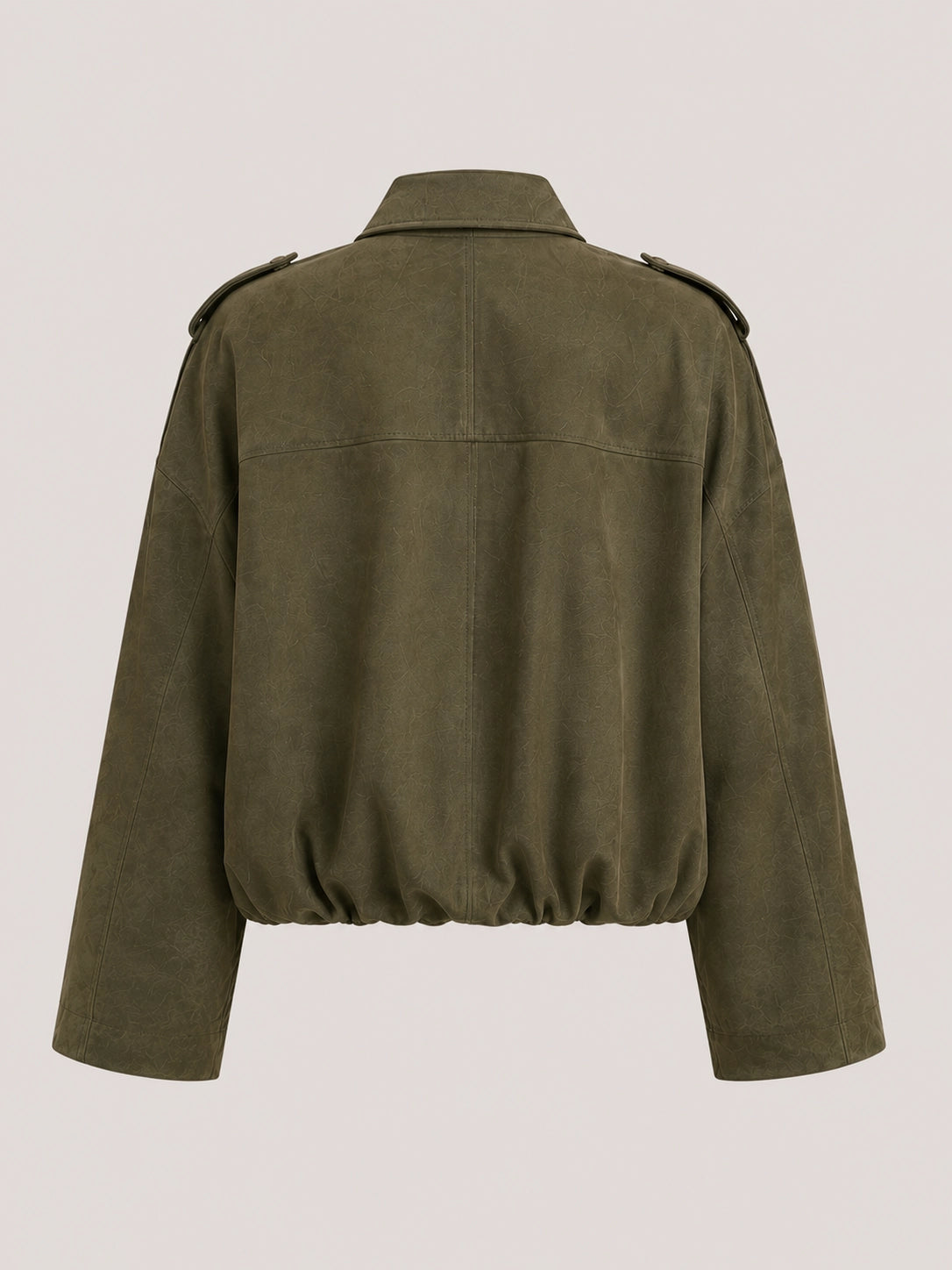 Olive green jacket back with shoulder tabs, button-up closure, elastic hem