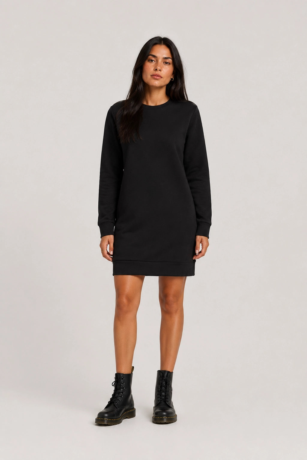 Black crew-neck long-sleeve shift dress with straight hem and relaxed fit