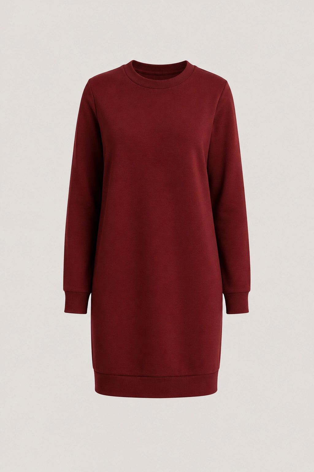 Burgundy long-sleeve sweatshirt dress with crew neck and straight hem