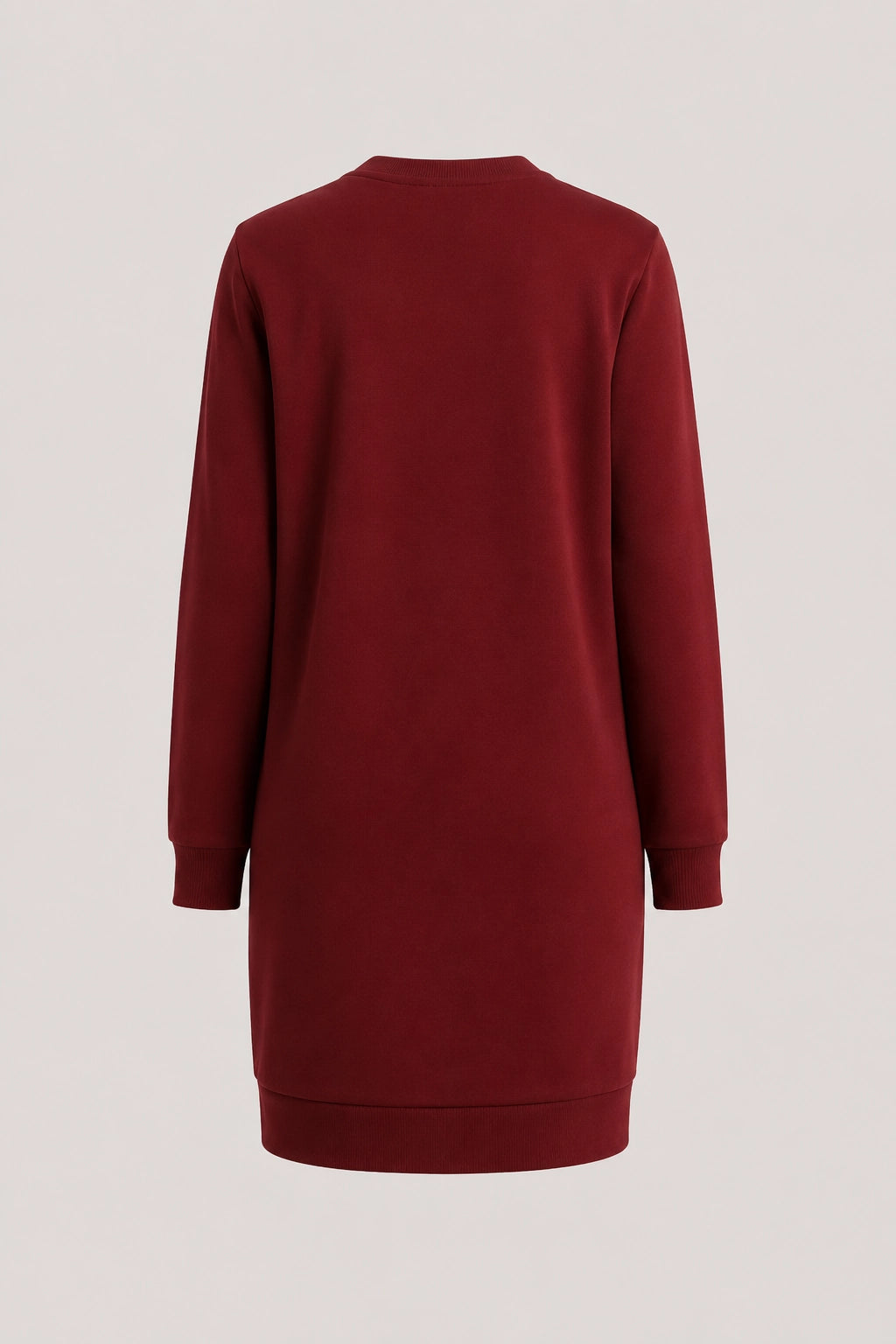 Burgundy long-sleeve sweatshirt dress, back view with crew neck and straight hem