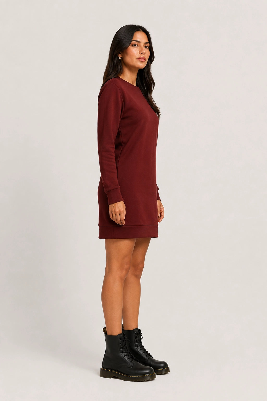 Burgundy crew-neck long-sleeve shift dress side view, straight hem
