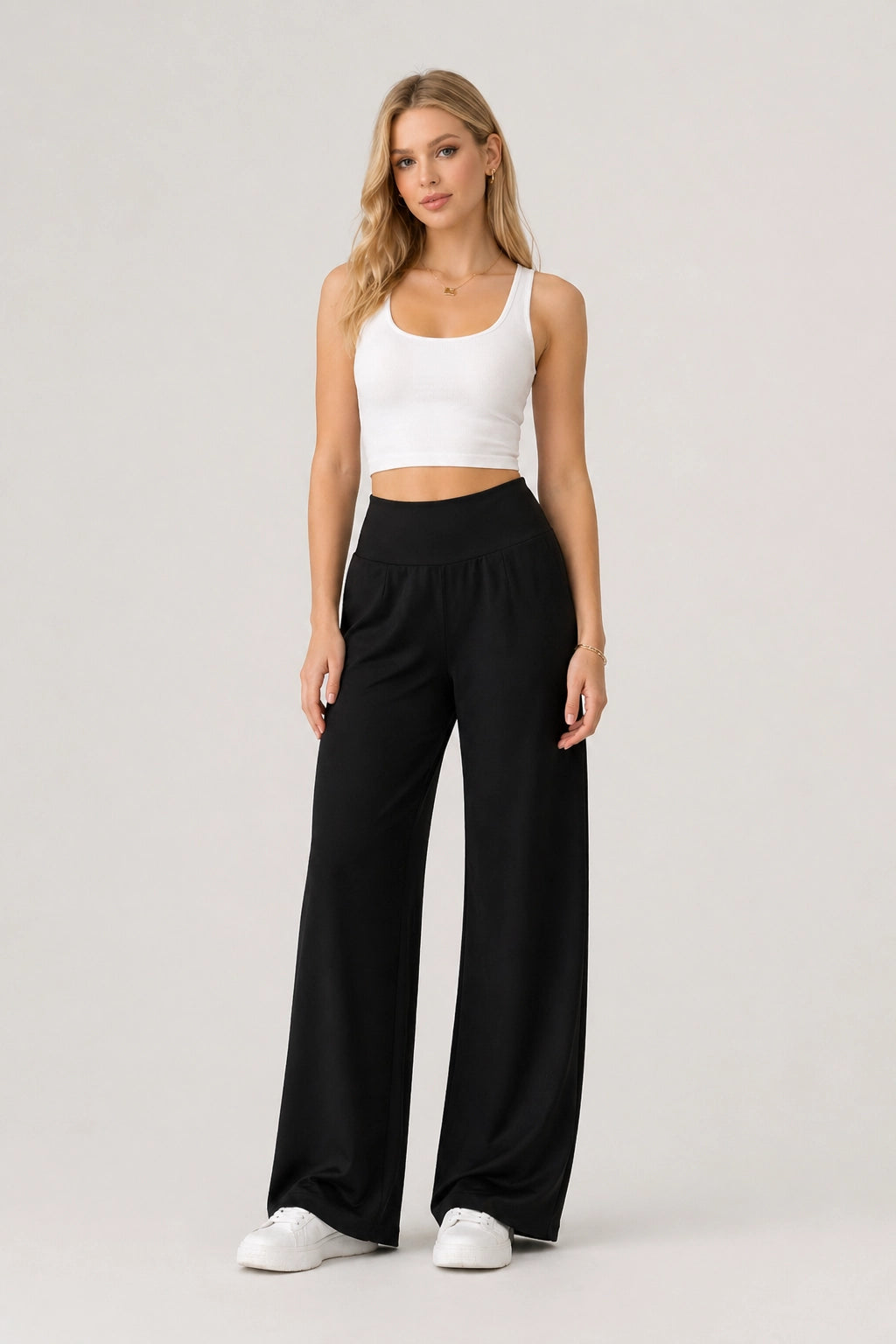 FlowDry Wide Pants – Black – Front View | Vayana Clothing