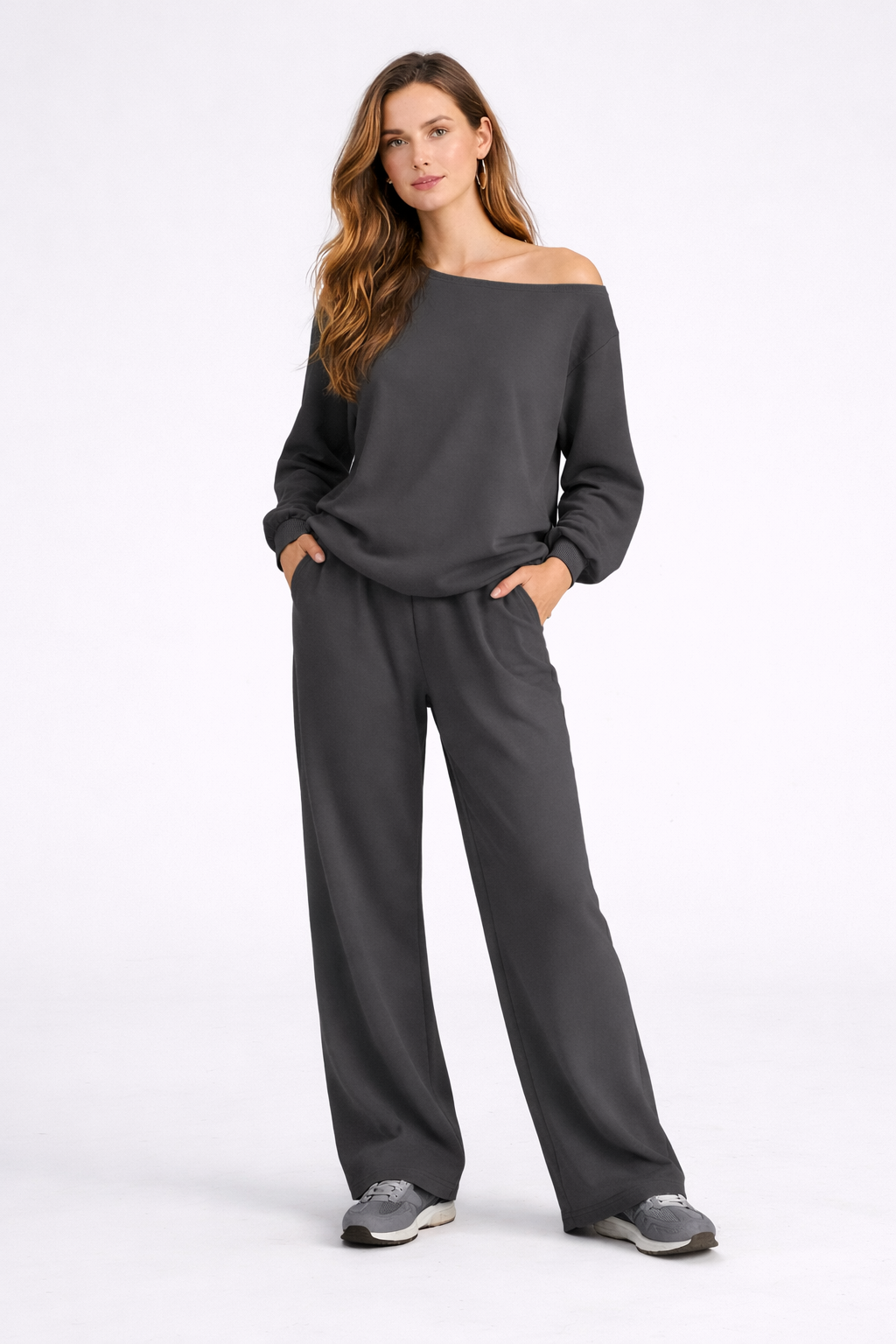 Serene Lounge Set – Grey – Front View | Vayana Clothing