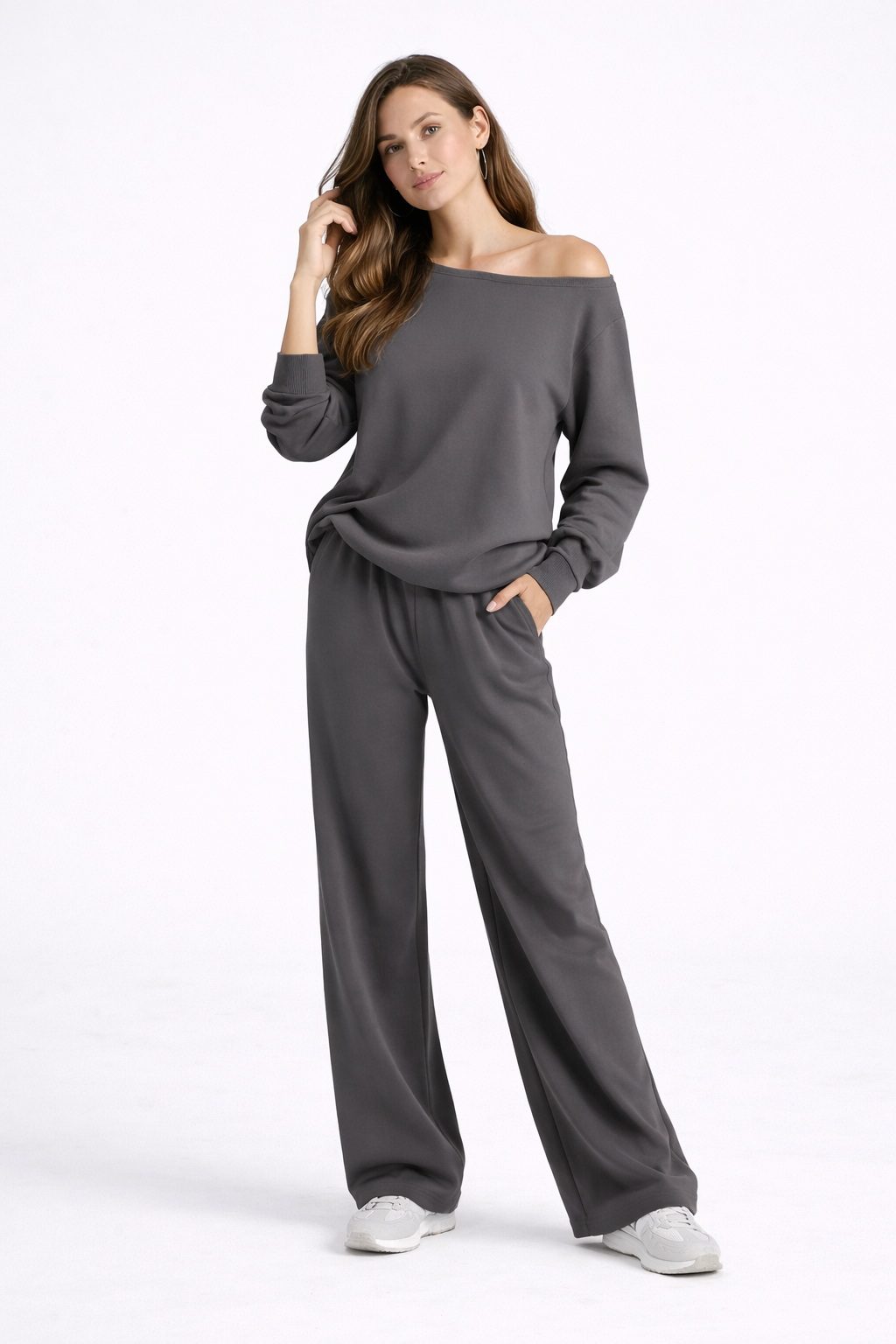 Serene Lounge Set – Grey – Side View | Vayana Clothing