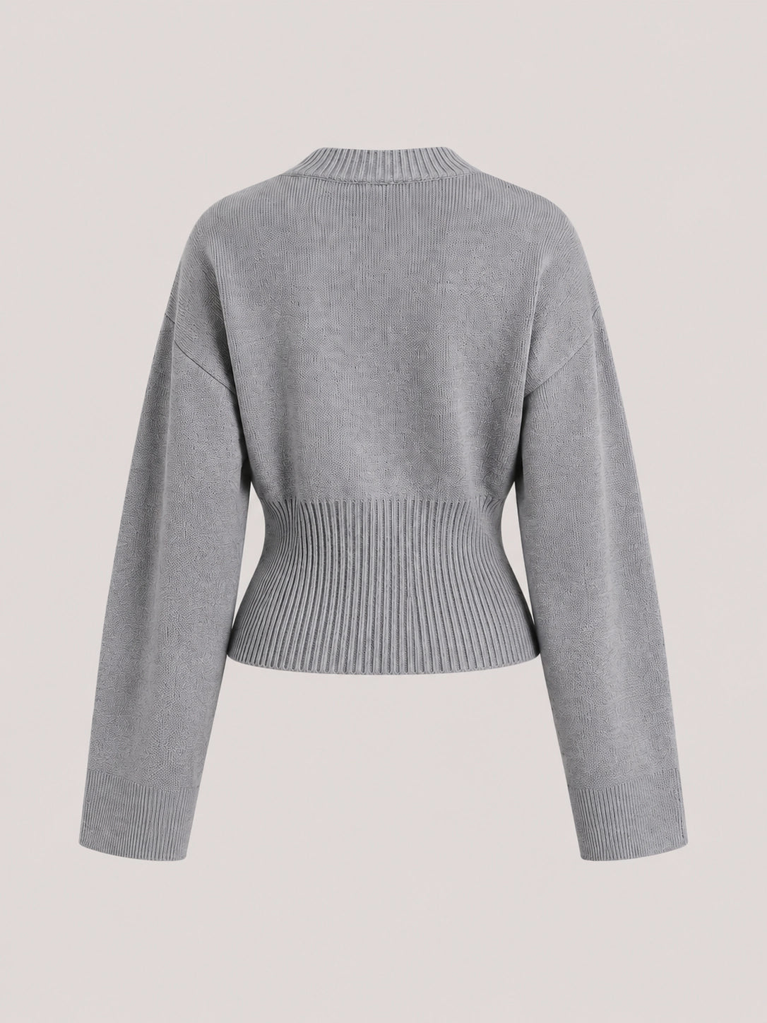 Silver knit crew-neck sweater with ribbed waist and long sleeves, back view