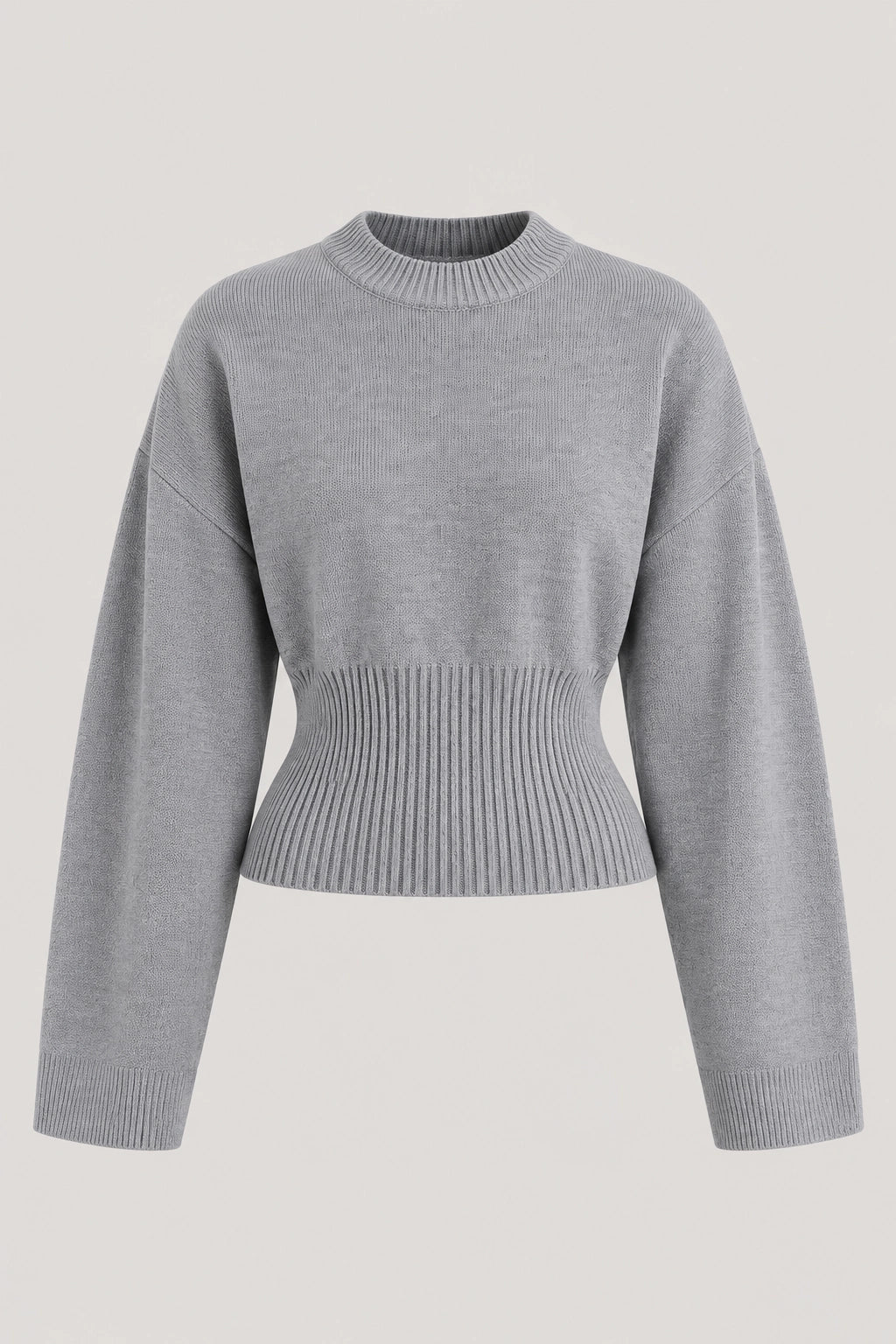 Silver knit crew-neck sweater with long sleeves and ribbed waist panel