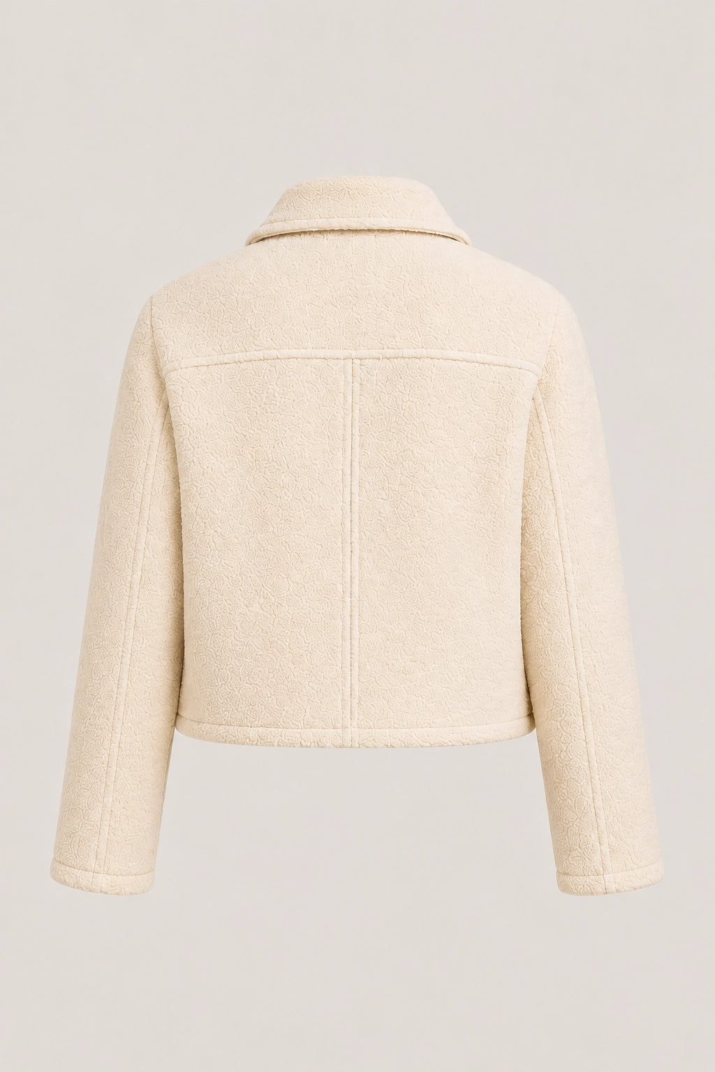 Beige Aspen jacket, back view with stand collar and vertical yoke seam