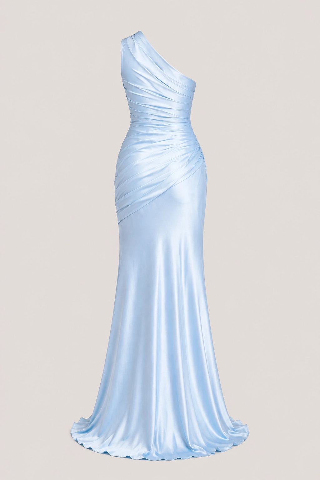 Light blue one-shoulder satin evening gown, side view with gathered waist