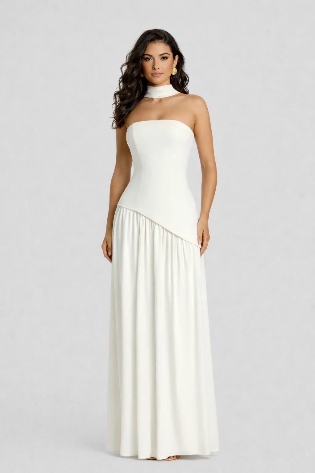 Elara Dress white strapless draped maxi evening gown front view Vayana Clothing