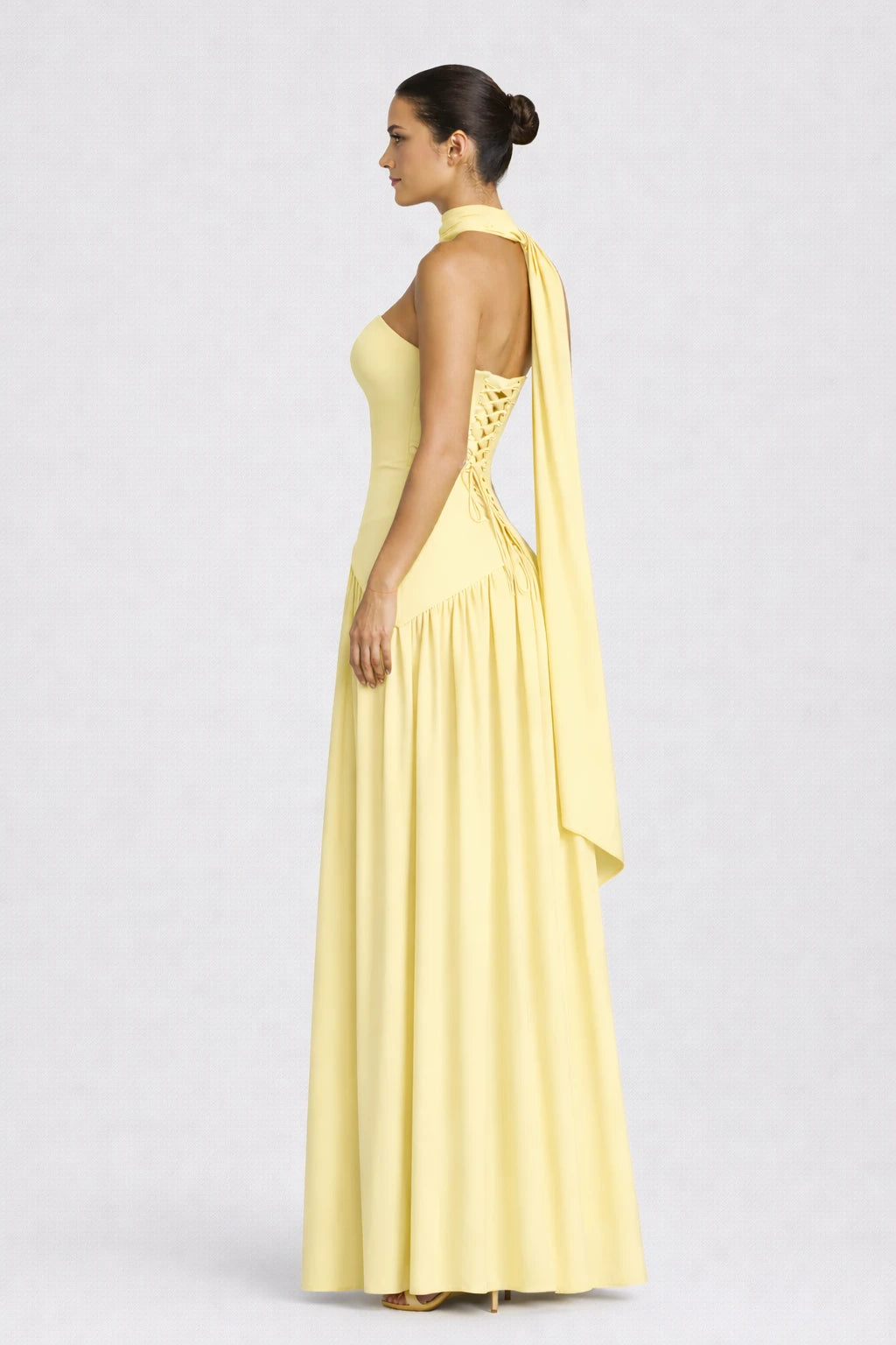 Elara Dress yellow strapless maxi evening gown back view with lace up corset detail Vayana Clothing