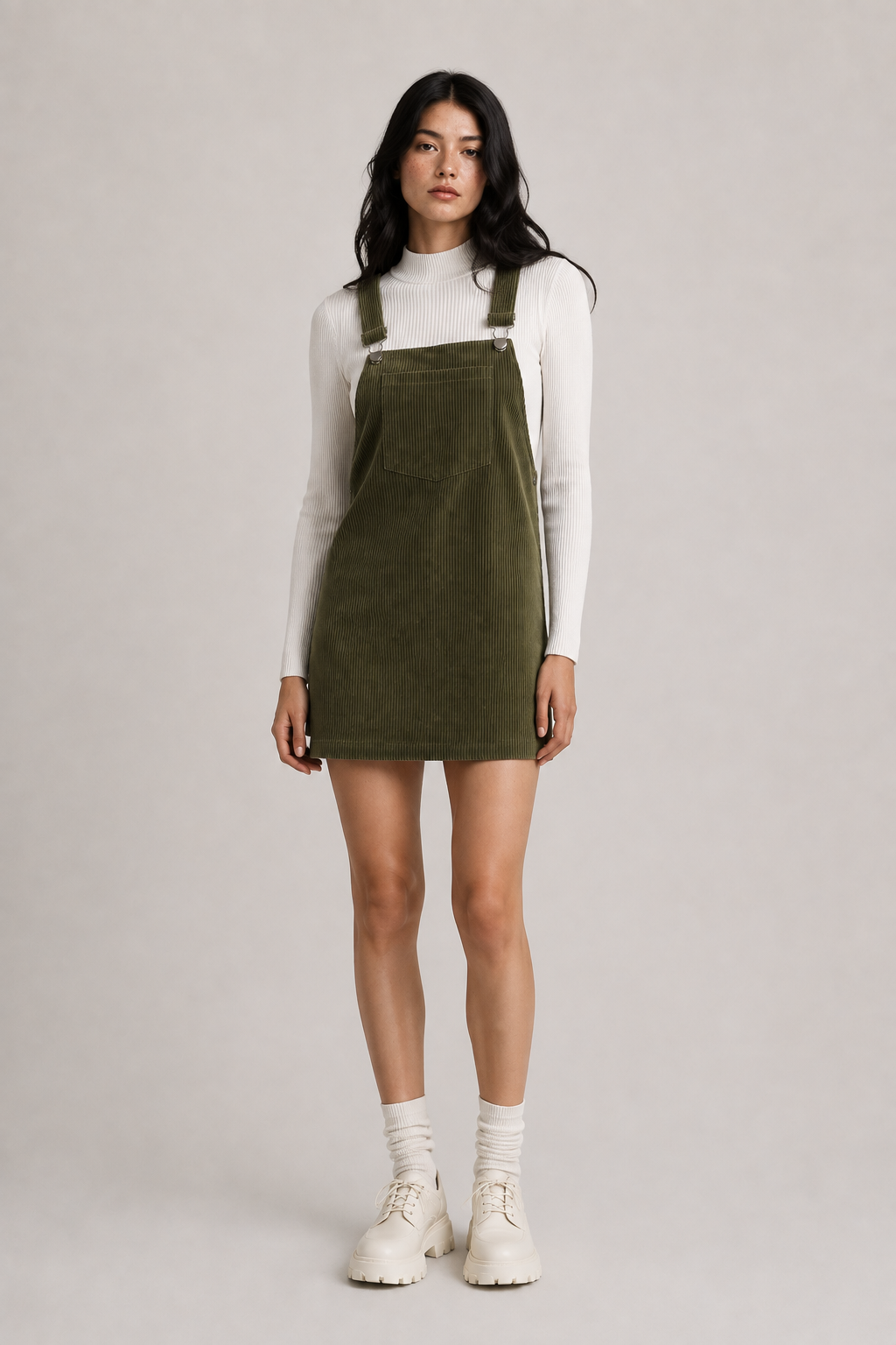 Olive green corduroy pinafore dress with square neckline and adjustable straps