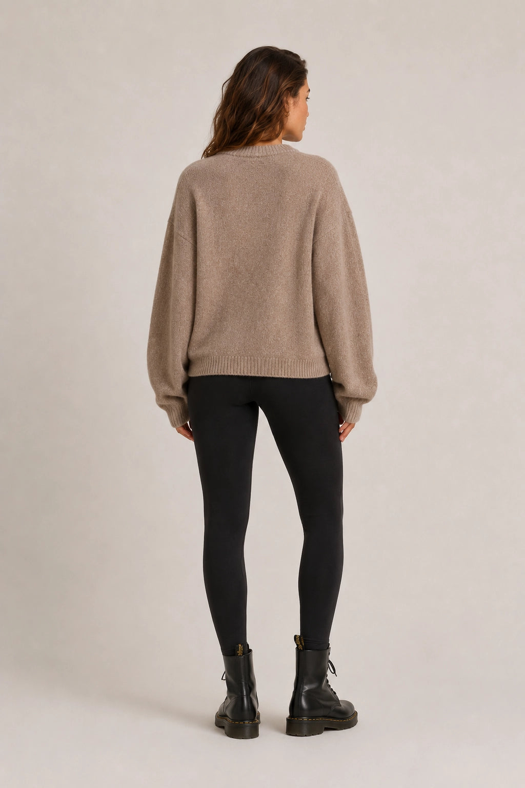 Beige crewneck knit sweater with ribbed hem and cuffs, relaxed fit