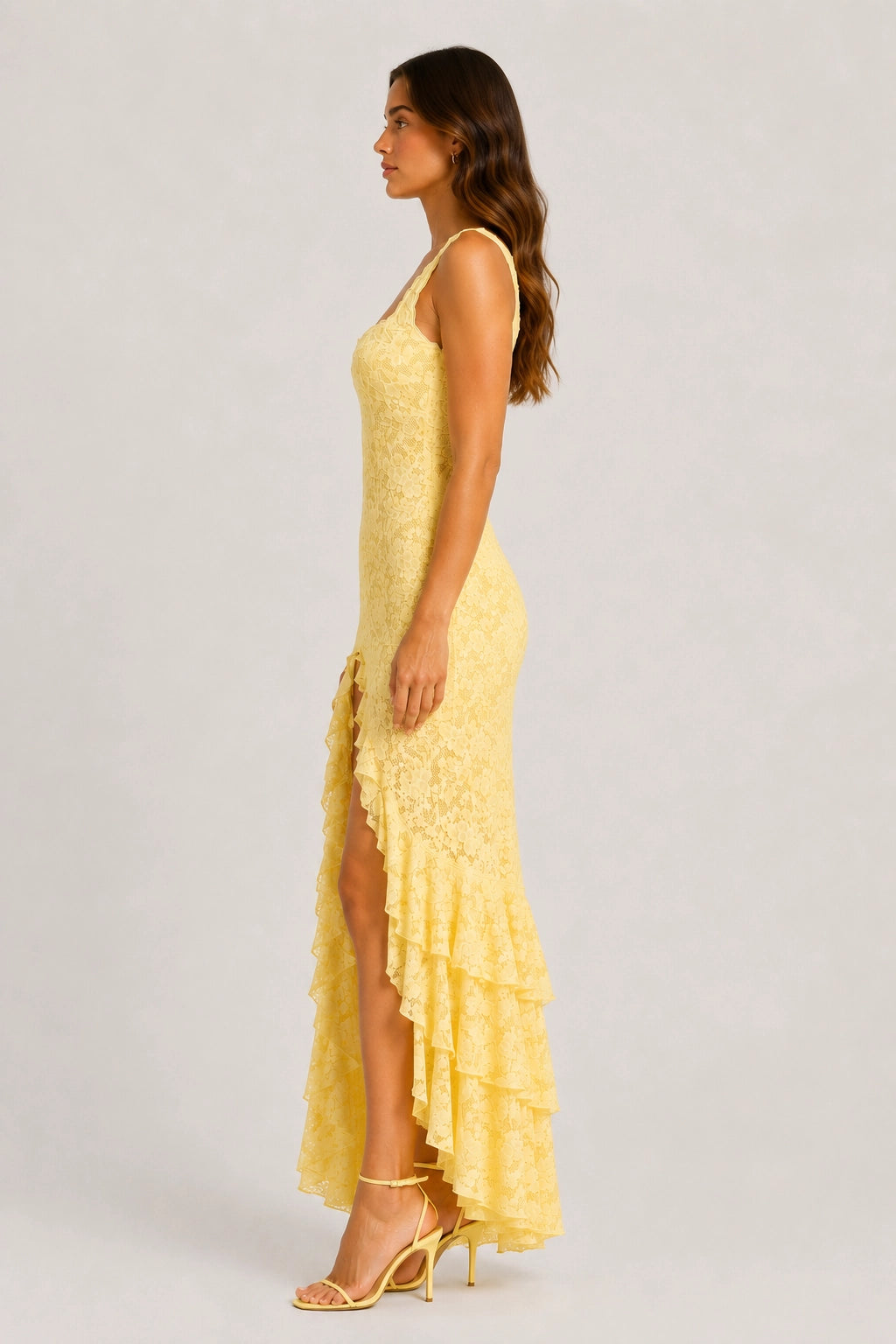 Flora Dress – Lace Maxi Dress Ruffles High Slit | Vayana Clothing