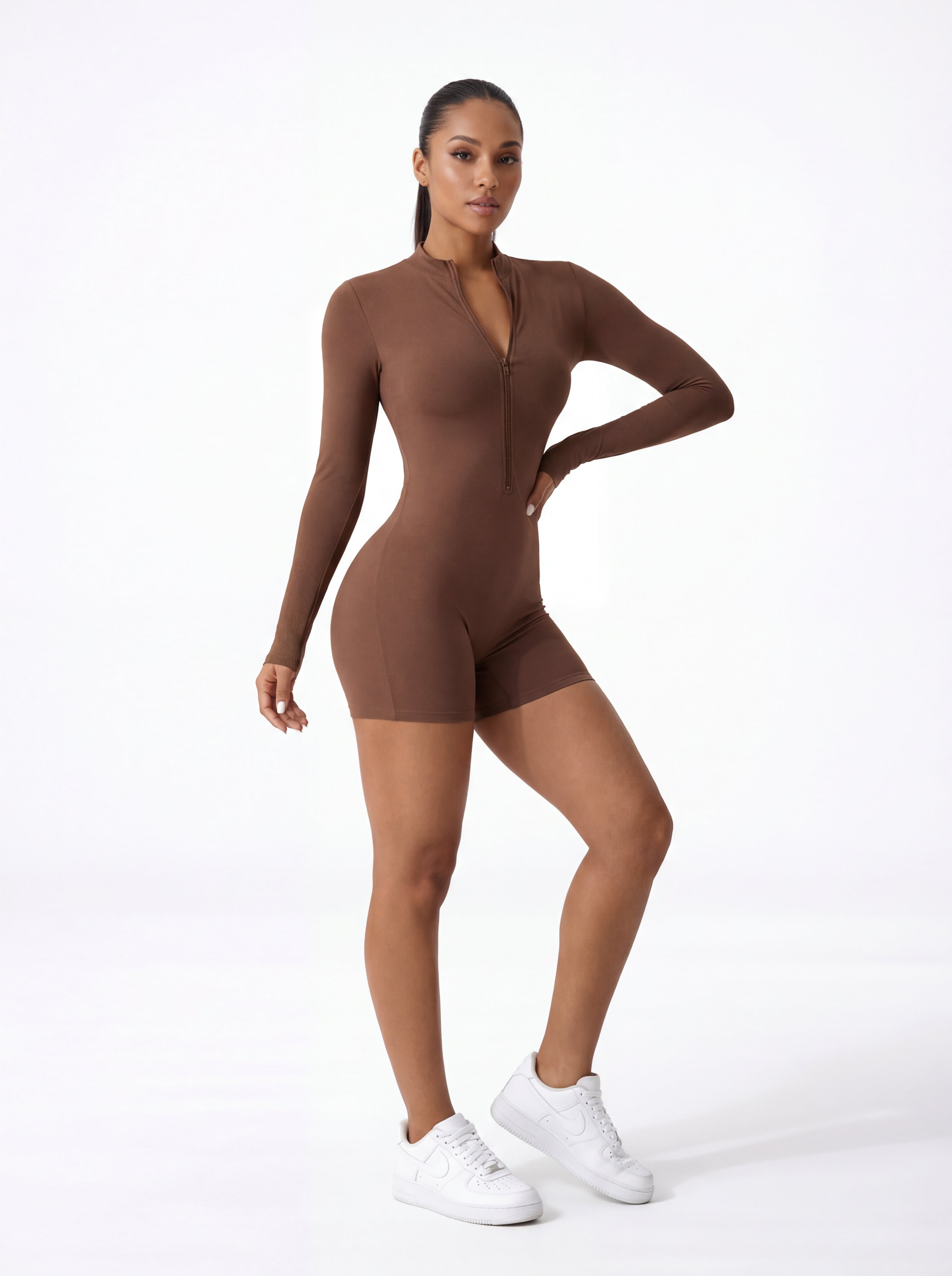ShapeFlow Bodysuit – Beige – Front View | Vayana Clothing