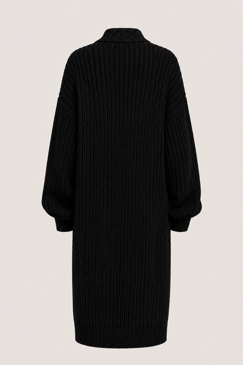 Black long rib-knit cardigan with high neck, long sleeves, buttoned cuffs