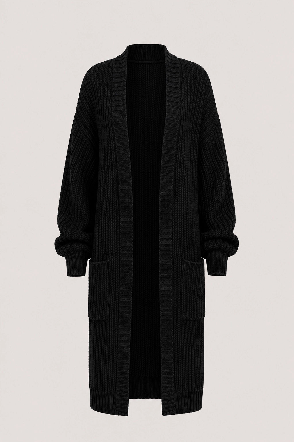 Black long rib-knit cardigan with open front, shawl collar, button placket and pockets