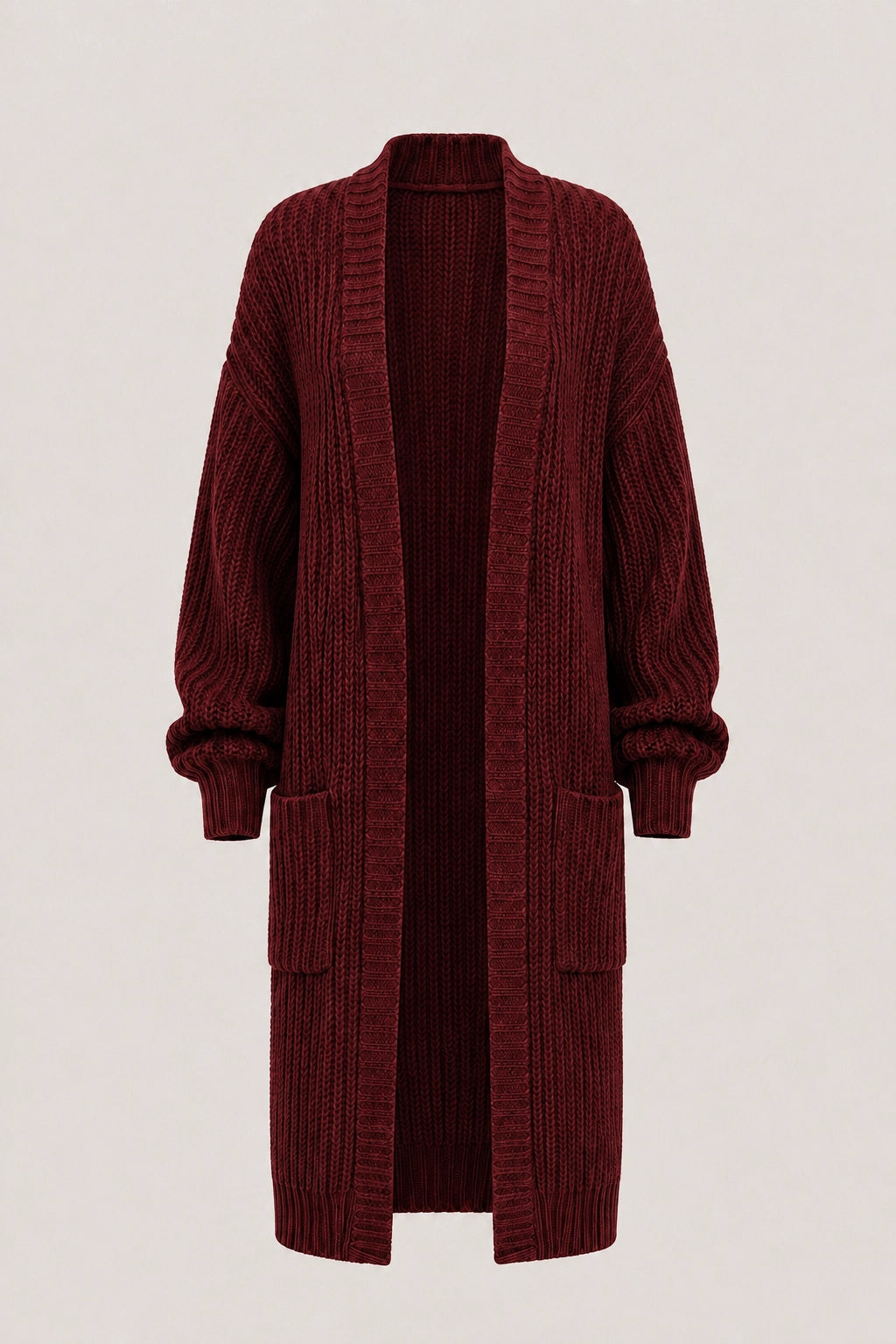Burgundy open-front long cardigan with ribbed hem and pocketed sides