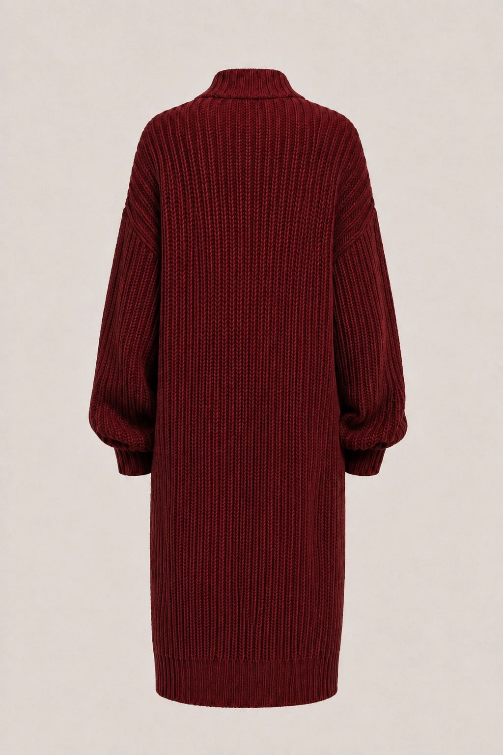Burgundy long cardigan sweater with ribbed turtleneck and relaxed balloon sleeves