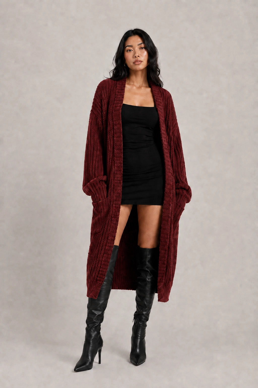 Burgundy rib-knit long cardigan with open front and oversized sleeves