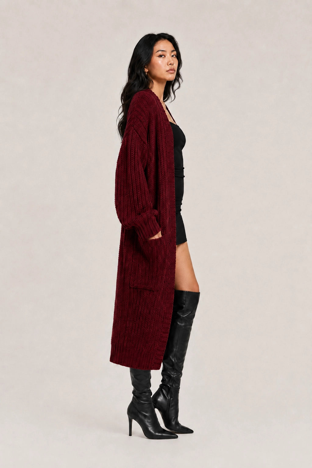 Burgundy long knit cardigan with open front, draped fit, balloon sleeves