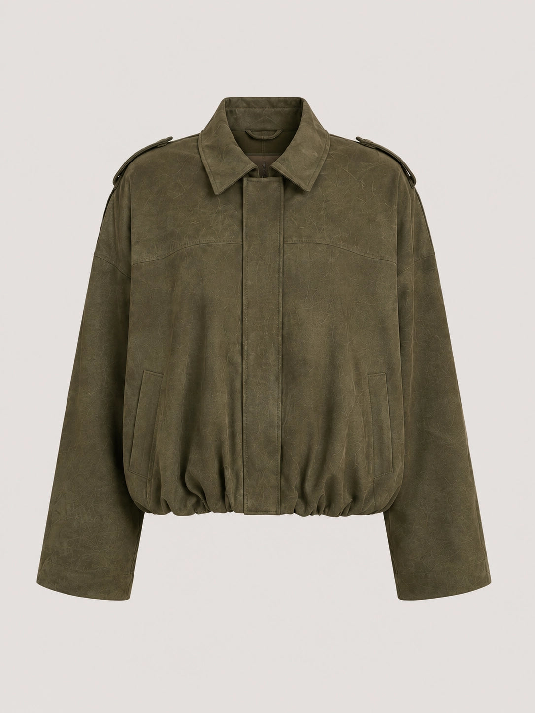 Olive green jacket front with collar, button placket, elastic waist and cuffs