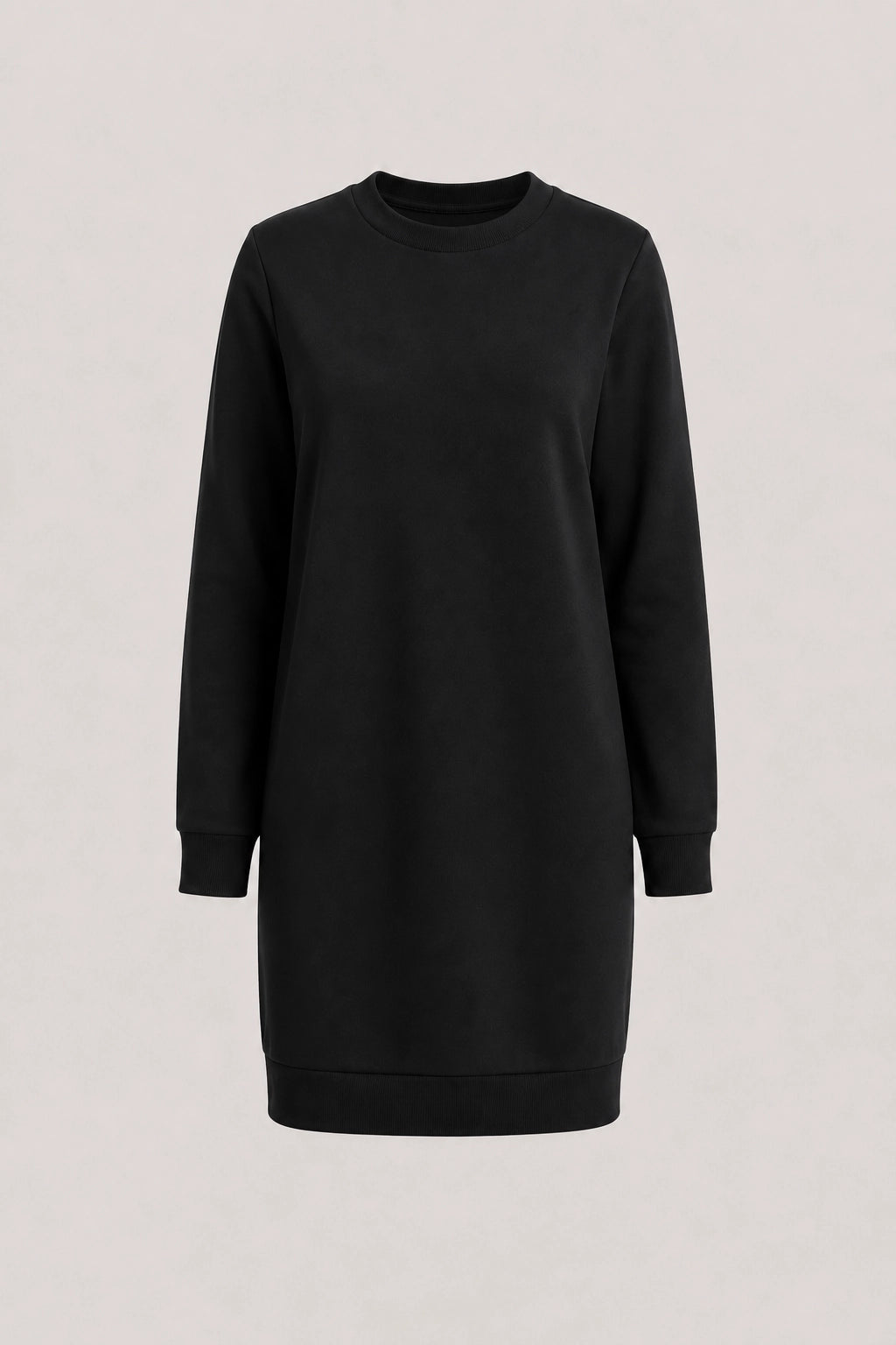 Black long-sleeve sweatshirt dress with crew neck and straight hem