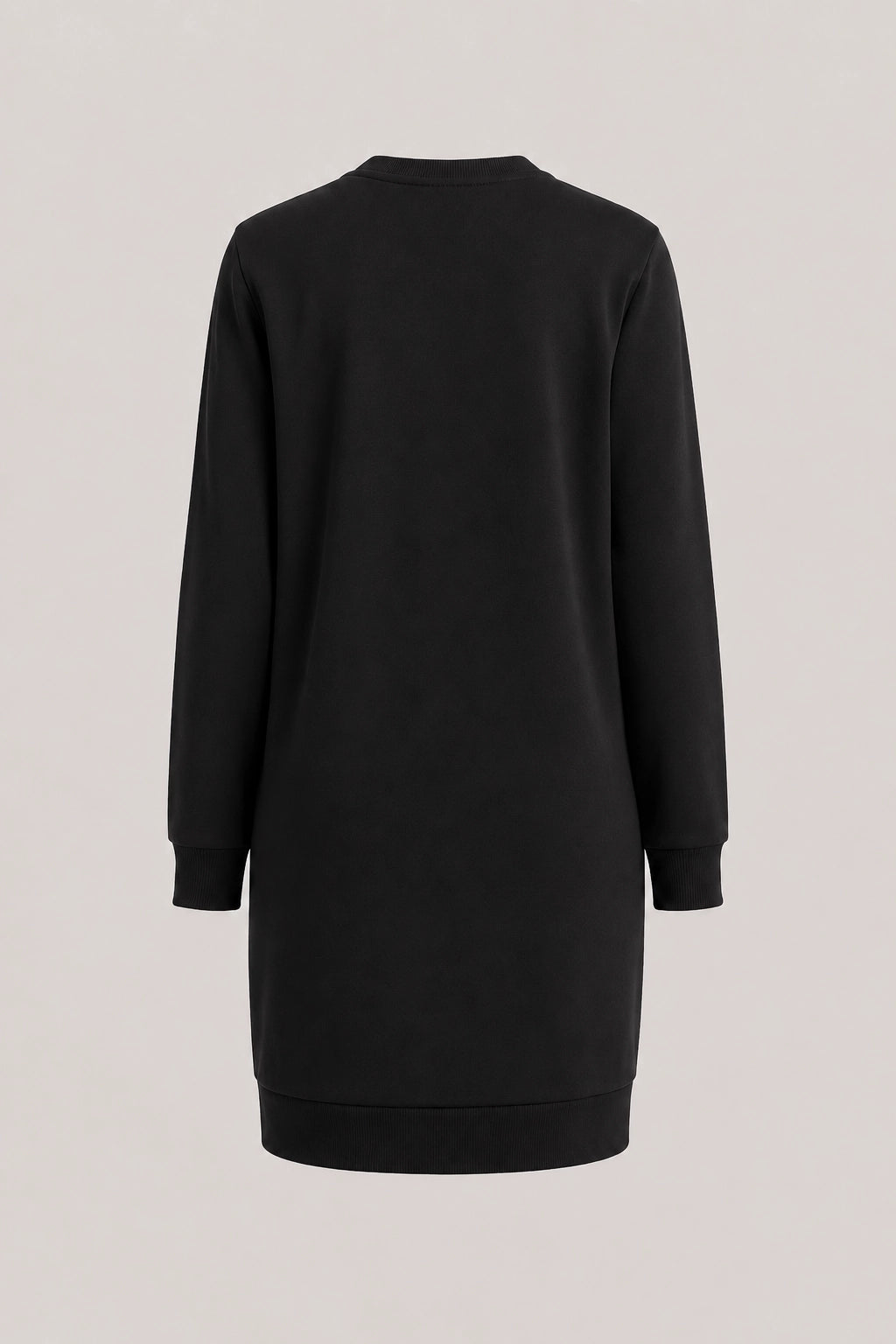 Black long-sleeve sweatshirt dress with crew neck and straight hem, back view