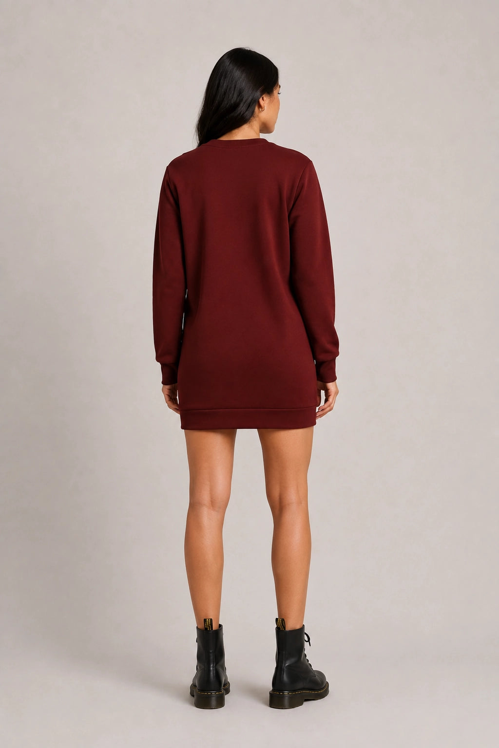 Burgundy crew-neck long-sleeve shift dress viewed from the back, straight hem